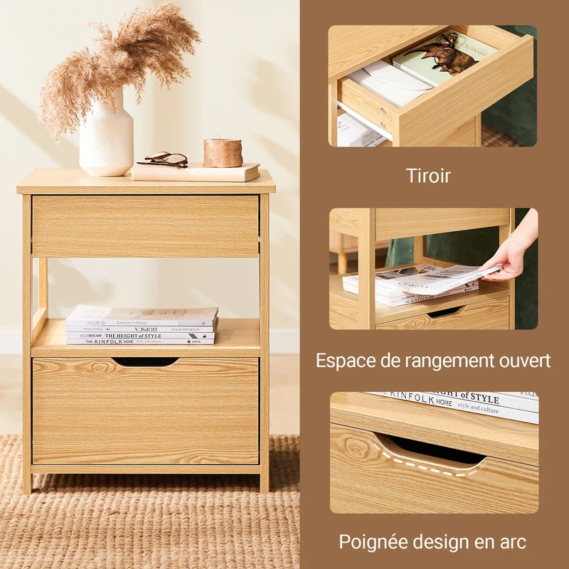 sobuyes.shopG258-N Table de Chevet Bout de Canapé avec 2 tiroirs et 1 étagère