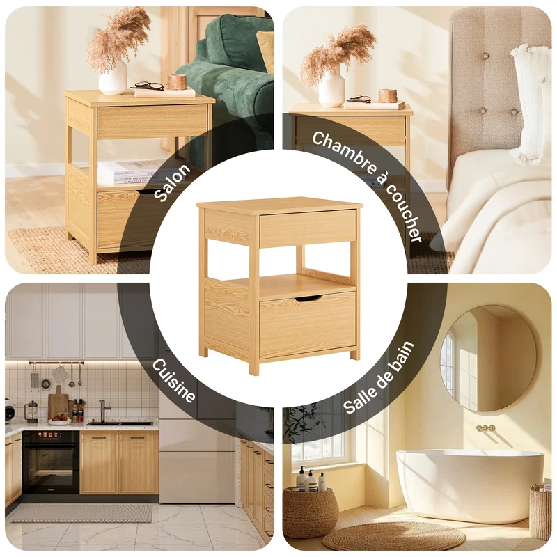 sobuyes.shopG258-N Table de Chevet Bout de Canapé avec 2 tiroirs et 1 étagère