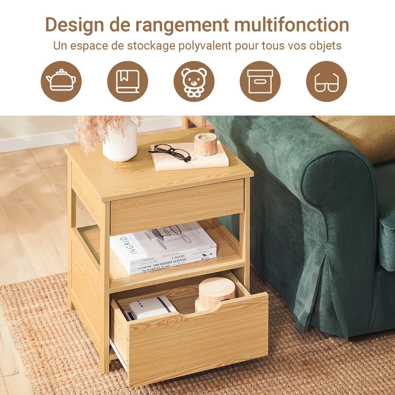 sobuyes.shopG258-N Table de Chevet Bout de Canapé avec 2 tiroirs et 1 étagère