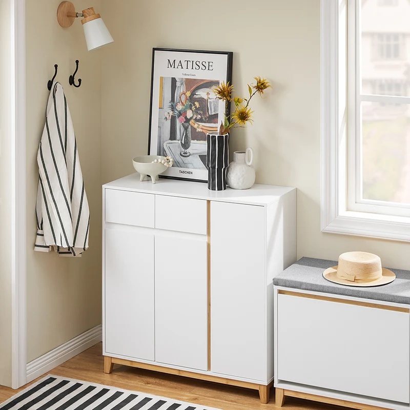 SoBuy FSR190-WN Armoire à Chaussures 3 Portes et 1 Tiroir, Rangement pour Entrée Couloir – 80x34x85 cm, Blanc et Naturel