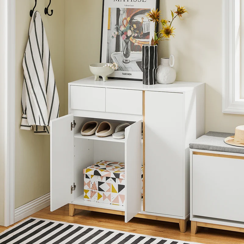 SoBuy FSR190-WN Armoire à Chaussures 3 Portes et 1 Tiroir, Rangement pour Entrée Couloir – 80x34x85 cm, Blanc et Naturel