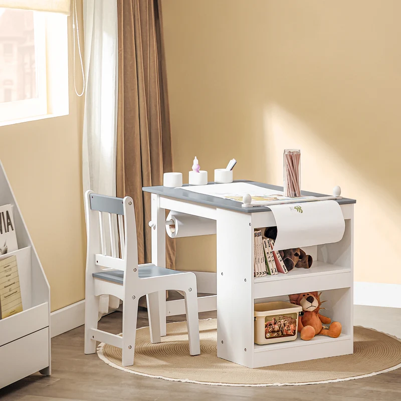 SoBuy KMB60-HG Ensemble Table et Chaise Enfant avec 1 porte-rouleau de papier, 1 sortie de papier, 1 locateur de papier et 3 emplacements pour stylos