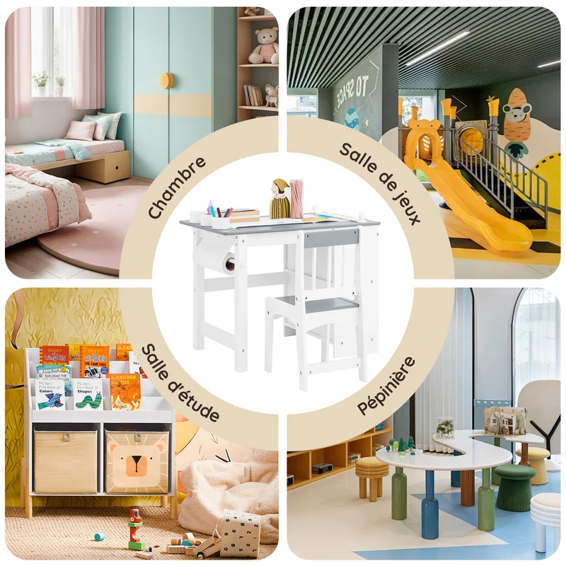 SoBuy KMB60-HG Ensemble Table et Chaise Enfant avec 1 porte-rouleau de papier, 1 sortie de papier, 1 locateur de papier et 3 emplacements pour stylos