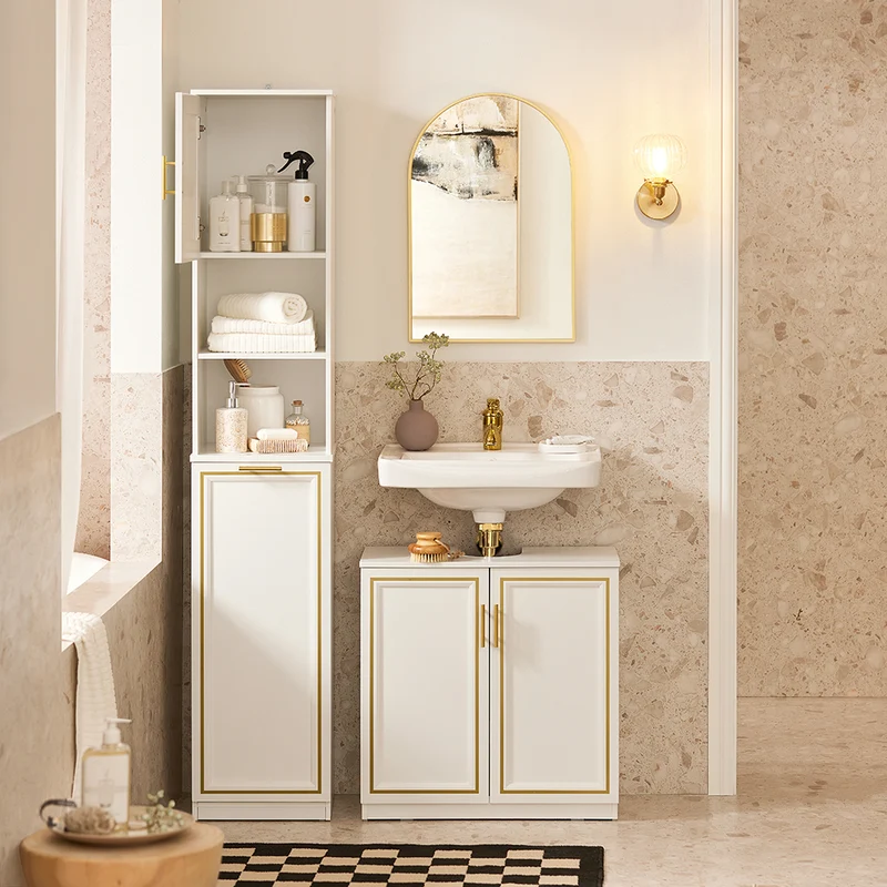 SoBuy BZR87-W Meuble Colonne de Salle de Bain Armoire Haute Étagère étroite avec 2 Portes, 2 Compartiments et 1 Panier à Linge