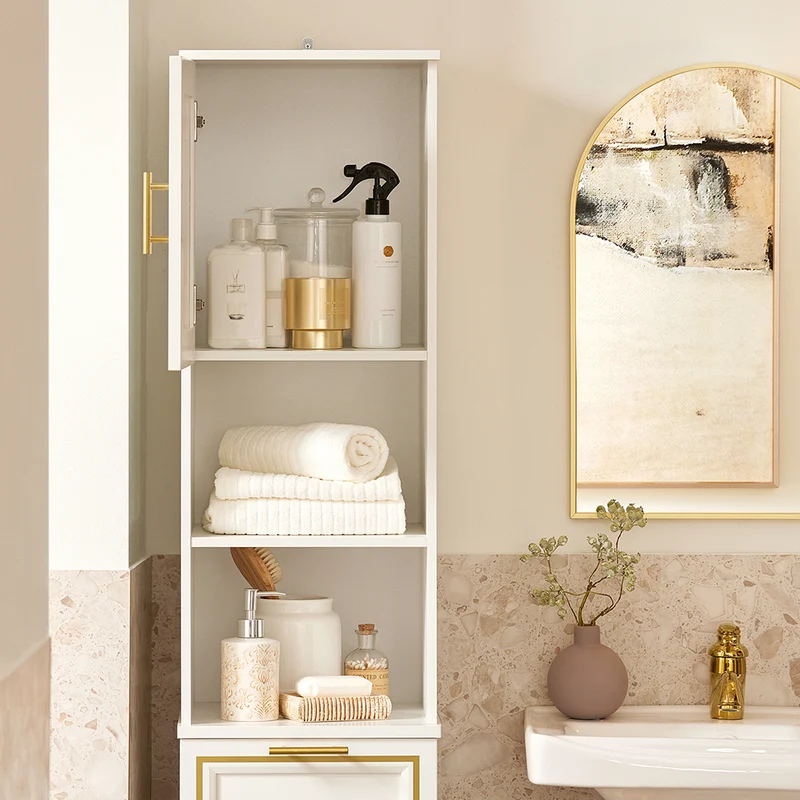 SoBuy BZR87-W Meuble Colonne de Salle de Bain Armoire Haute Étagère étroite avec 2 Portes, 2 Compartiments et 1 Panier à Linge