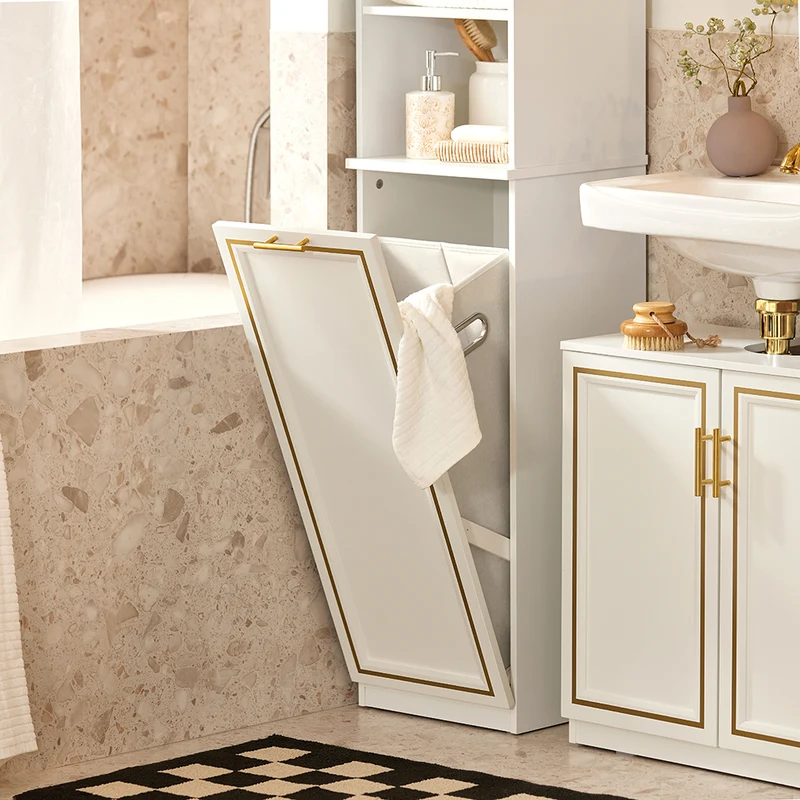 SoBuy BZR87-W Meuble Colonne de Salle de Bain Armoire Haute Étagère étroite avec 2 Portes, 2 Compartiments et 1 Panier à Linge