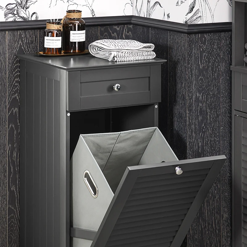 SoBuy BZR73-DG Meuble Bas de Salle de Bain Corbeille à Linge Armoire Toilette Meuble de Rangement avec 1 Tiroir et 1 Panier à Linge