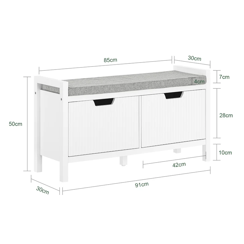 SoBuy FSR146-W Banc à Chaussures avec Coussin Rembourré et 2 Portes pour Entrée Couloir – 91x30x50 cm, Blanc