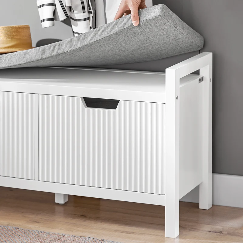 SoBuy FSR146-W Banc à Chaussures avec Coussin Rembourré et 2 Portes pour Entrée Couloir – 91x30x50 cm, Blanc