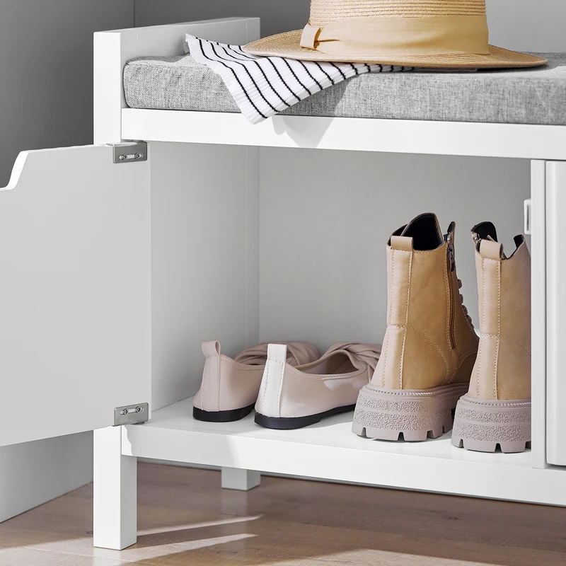 SoBuy FSR146-W Banc à Chaussures avec Coussin Rembourré et 2 Portes pour Entrée Couloir – 91x30x50 cm, Blanc