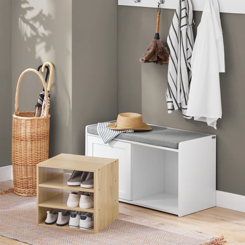 SoBuy FSR109-WN Banc à Chaussures avec Coussin Rembourré et Étagère Amovible pour Entrée Couloir – 80x35x45 cm, Blanc et Naturel