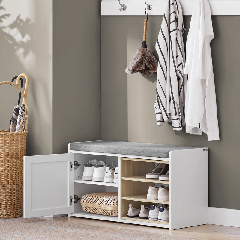 SoBuy FSR109-WN Banc à Chaussures avec Coussin Rembourré et Étagère Amovible pour Entrée Couloir – 80x35x45 cm, Blanc et Naturel