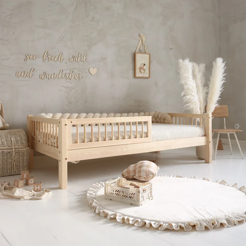 Lit 90x190 barrière et sommier inclus pieds 19 cm Adèle Bois