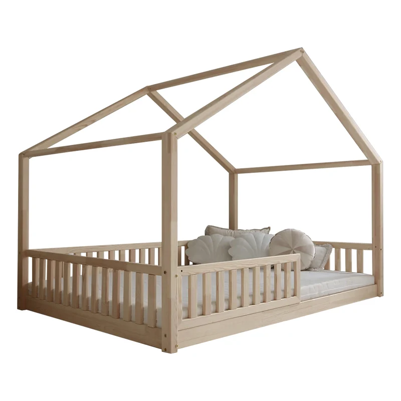 Lit cabane 140x200 barrière et sommier inclus pieds 1 cm Roxane Bois