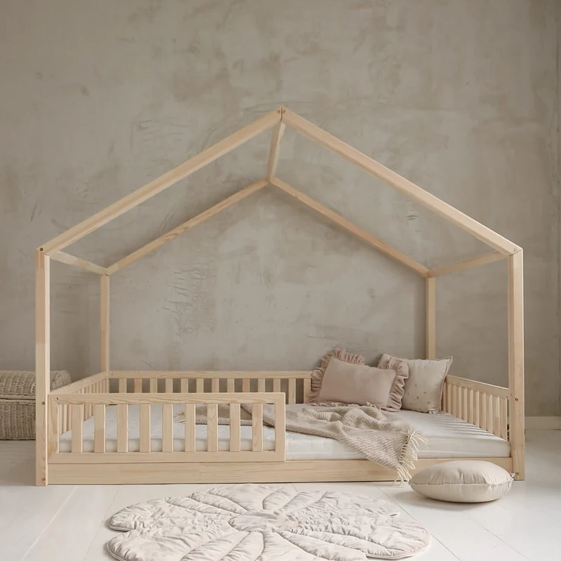 Lit cabane 140x200 barrière et sommier inclus pieds 1 cm Roxane Bois