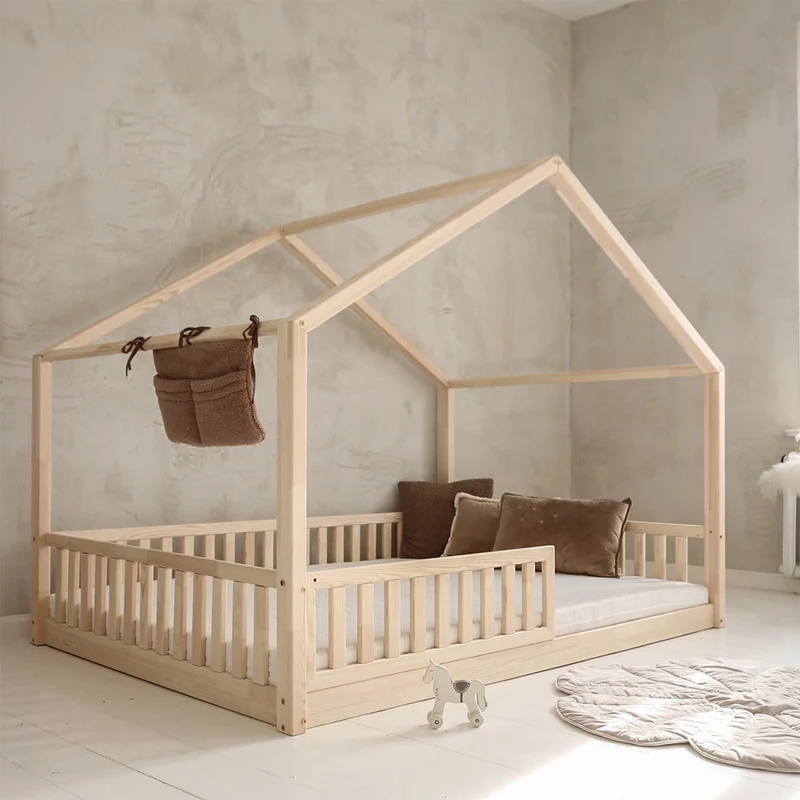 Lit cabane 140x200 barrière et sommier inclus pieds 1 cm Roxane Bois