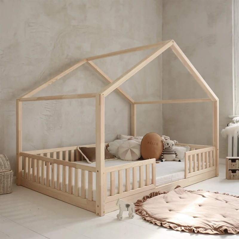 Lit cabane 140x200 barrières et sommier inclus pieds 1 cm Roxane Bois
