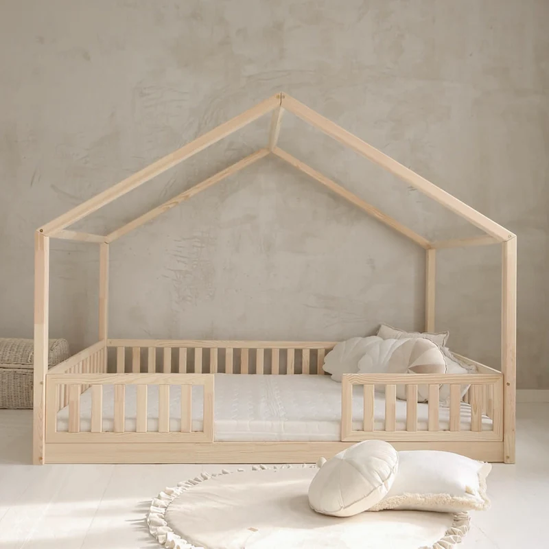 Lit cabane 140x200 barrières et sommier inclus pieds 1 cm Roxane Bois