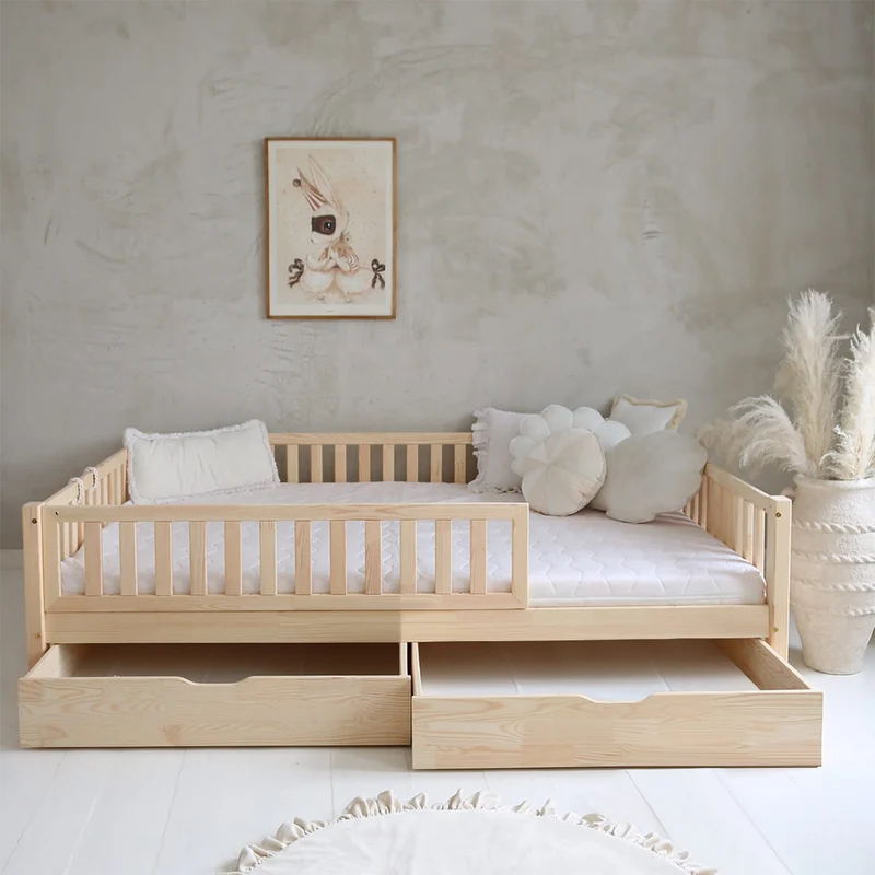 Lit 140x200 barrière sommier et tiroirs inclus Agnès Bois