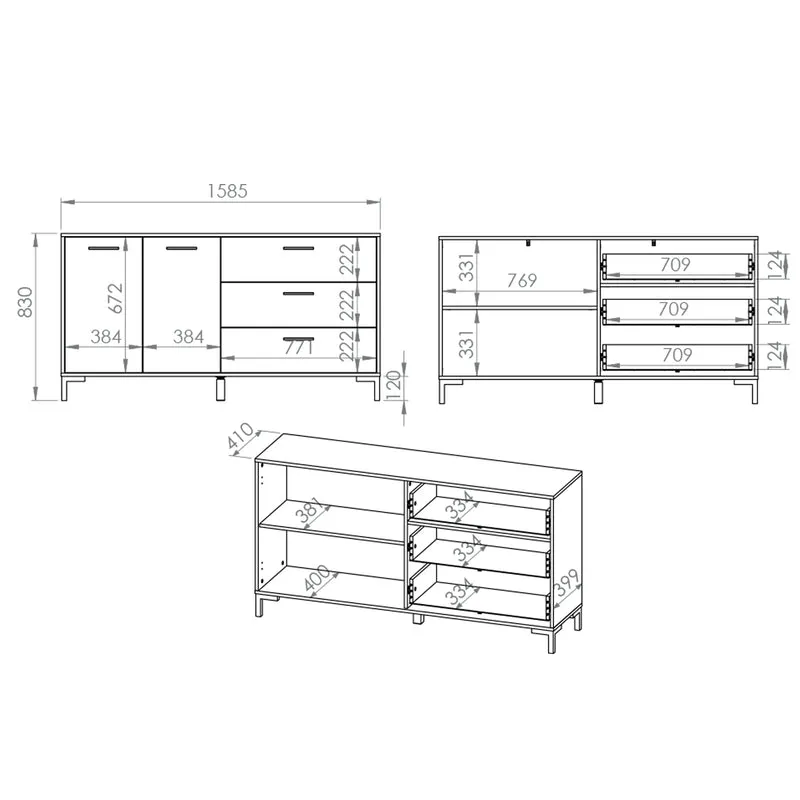 Buffet 2 portes 3 tiroirs 160 cm Liora Bois