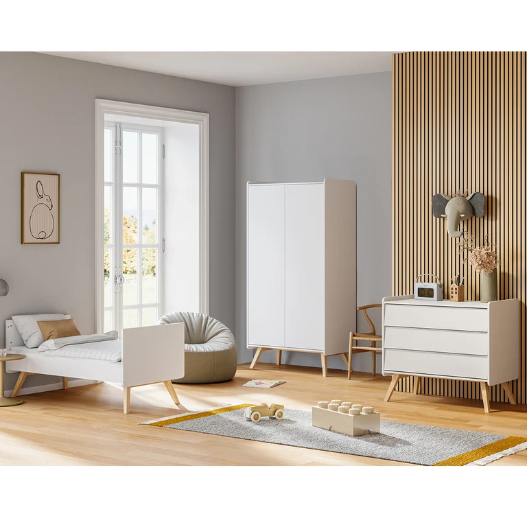 Commode 3 tiroirs et armoire 2 portes Vox Vintage Blanc et Bois