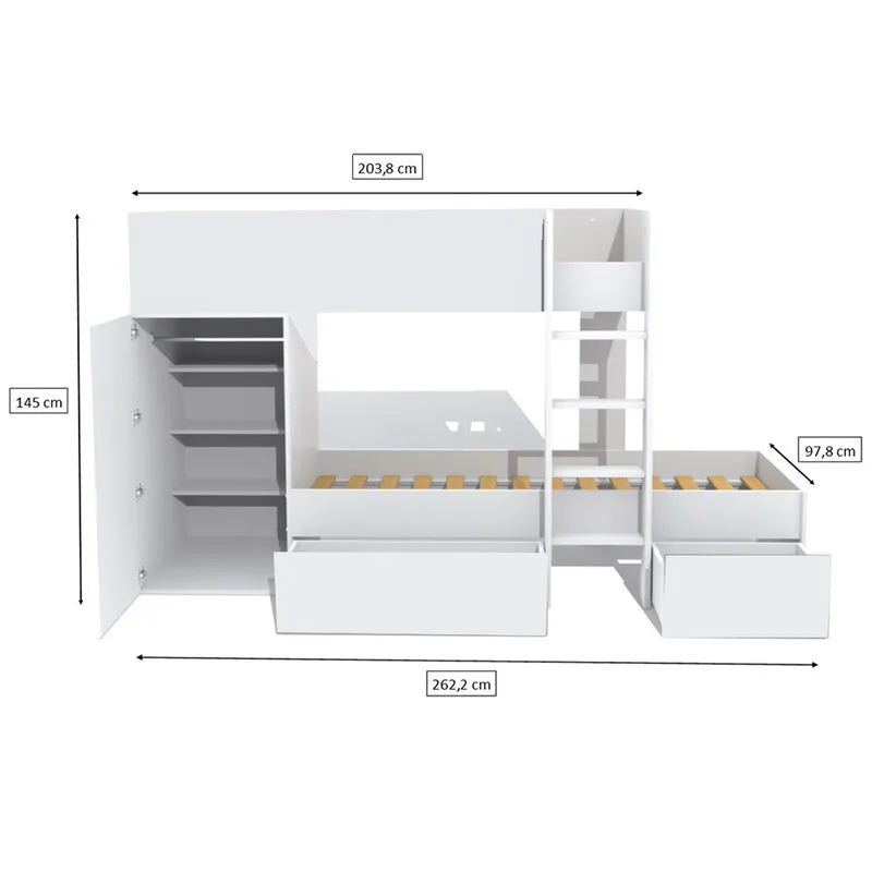 Lit superposé 90x190 - armoire - tiroirs - sommier inclus Twin Blanc