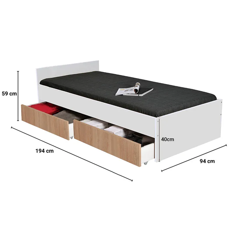 Lit 90x190 tiroirs inclus Orson Bois blanchi et Blanc