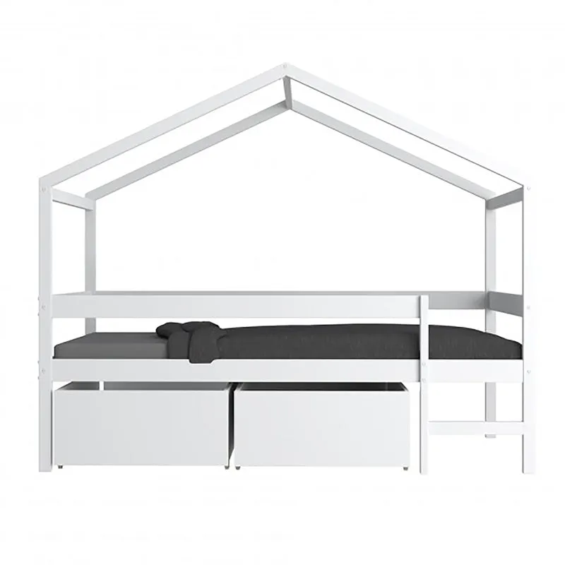 Lit cabane mi-hauteur 90x190 sommier et tiroirs inclus Penny Blanc