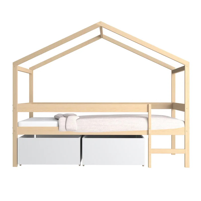 Lit cabane mi-hauteur 90x190 sommier et tiroirs inclus Penny Bois et Blanc