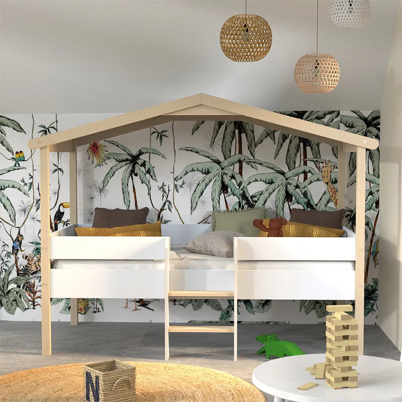 Lit cabane mi-hauteur 90x190 sommier inclus Kayla Bois et Blanc