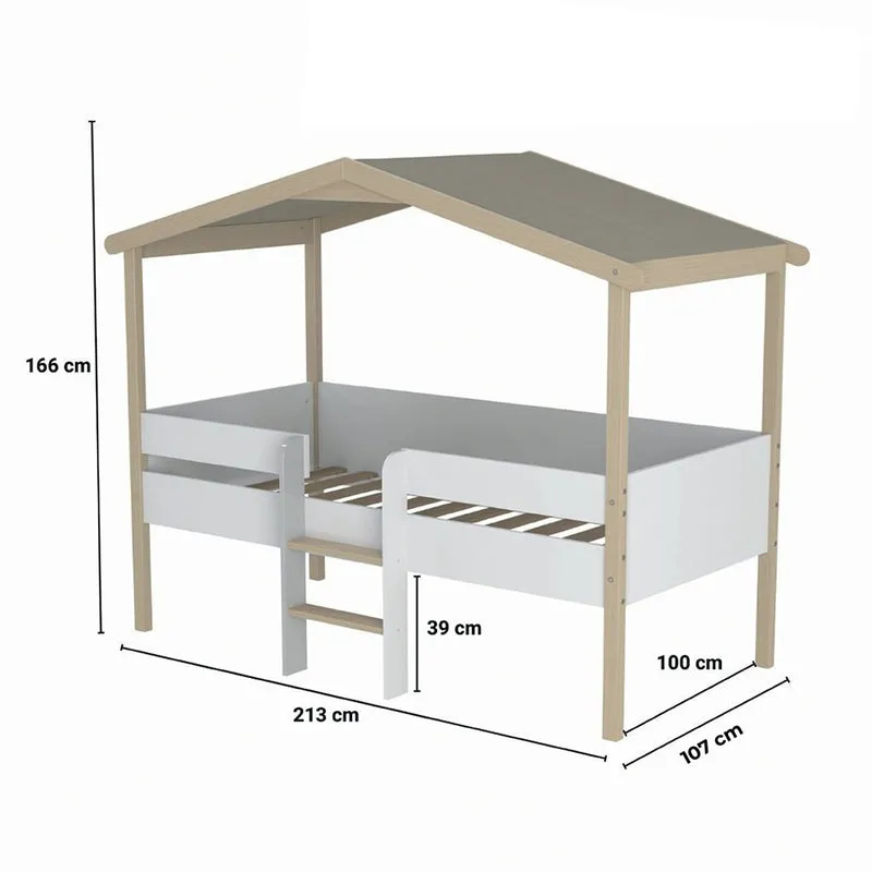 Lit cabane mi-hauteur 90x190 sommier inclus Kayla Bois et Blanc