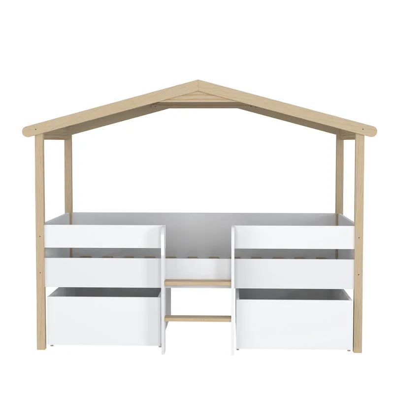 Lit cabane mi-hauteur 90x190 sommier et tiroirs inclus Kayla Bois et Blanc