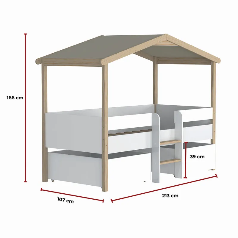 Lit cabane mi-hauteur 90x190 sommier et tiroirs inclus Kayla Bois et Blanc