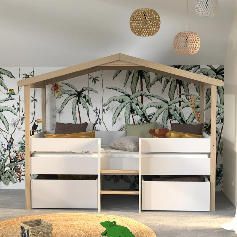 Lit cabane mi-hauteur 90x200 sommier et tiroirs inclus Kayla Bois et Blanc