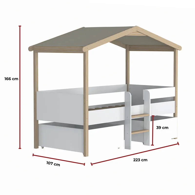 Lit cabane mi-hauteur 90x200 sommier et tiroirs inclus Kayla Bois et Blanc