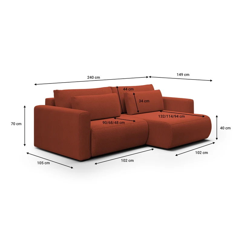 Canapé d'angle réversible convertible 3 places coffre Evy Orange Brique