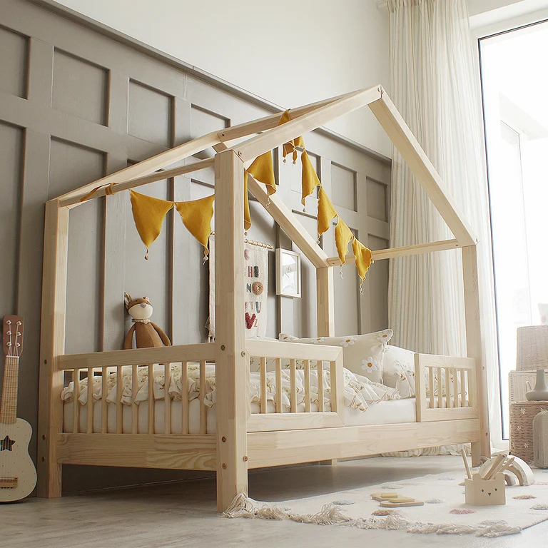 Lit cabane 90x190 barrières et sommier inclus pieds 10 cm Iris Bois