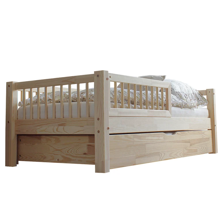 Lit 90x190 barrière sommier et tiroir inclus Adèle Bois
