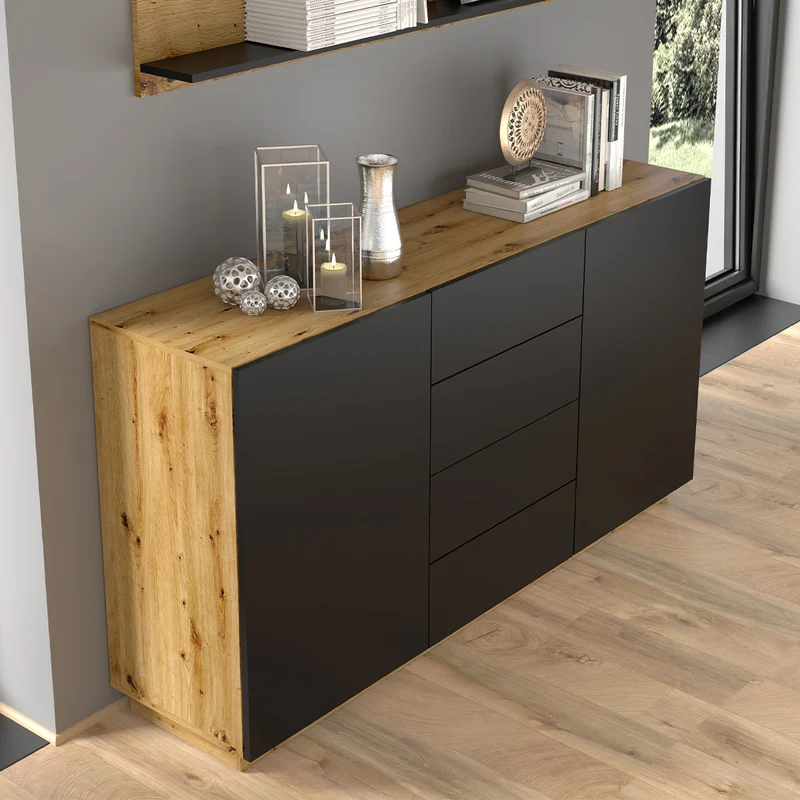 Buffet 2 portes 4 tiroirs Aurus Bois et Noir