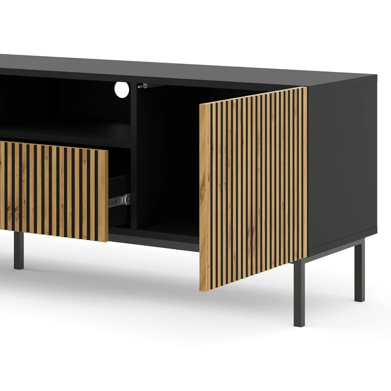 Meuble TV 2 portes 2 tiroirs 200 cm Philaé Bois et Noir