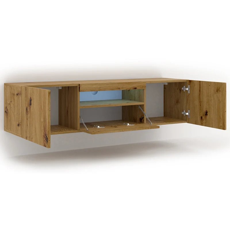 Meuble TV mural 3 portes 150 cm LED Aurus Bois