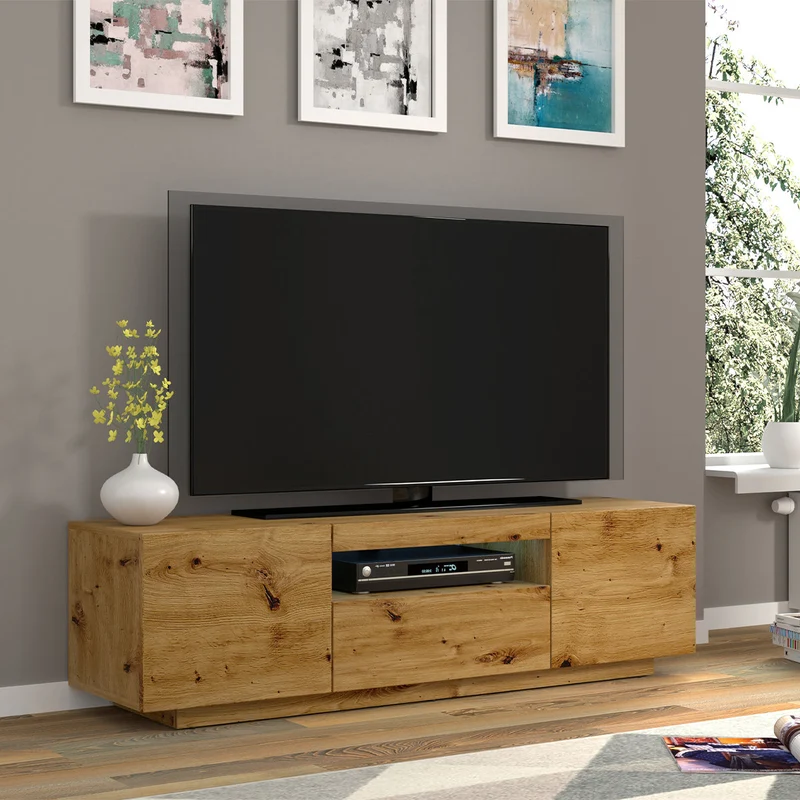 Meuble TV mural 3 portes 150 cm LED Aurus Bois