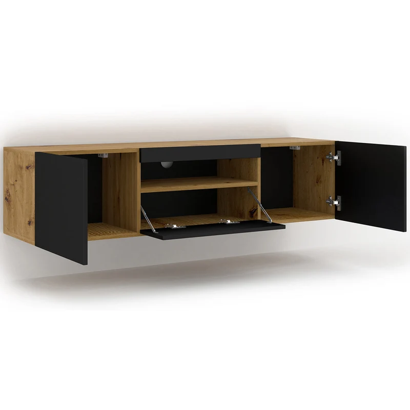 Meuble TV mural 3 portes 150 cm Aurus Noir et Bois
