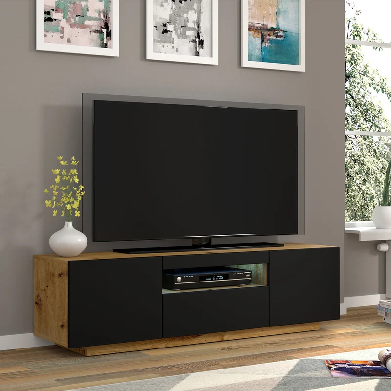 Meuble TV mural 3 portes 150 cm Aurus Noir et Bois