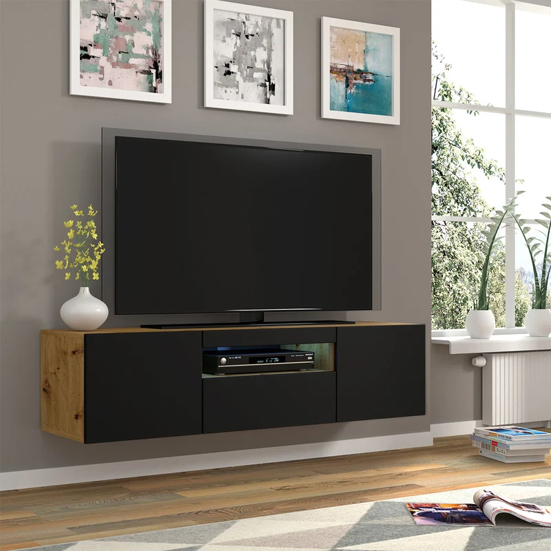 Meuble TV mural 3 portes 150 cm LED Aurus Noir et Bois