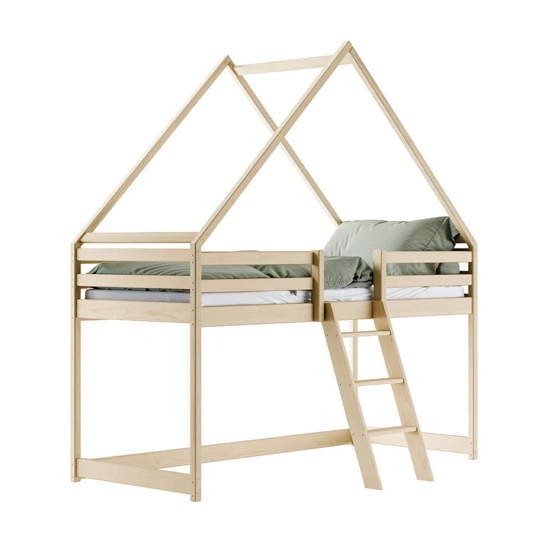 Lit cabane mi-hauteur 90x200 sommier inclus Coraline Bois