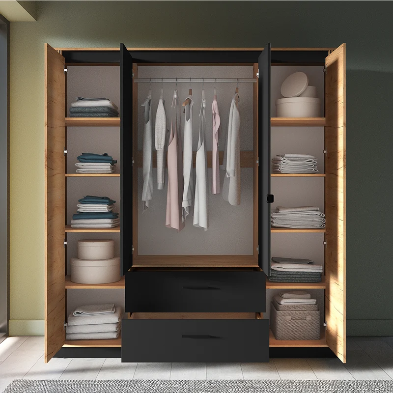 Armoire 4 portes 2 tiroirs Solal Bois et Noir