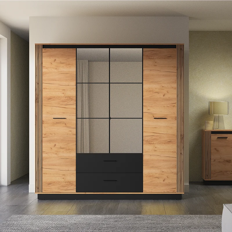 Armoire 4 portes 2 tiroirs Solal Bois et Noir