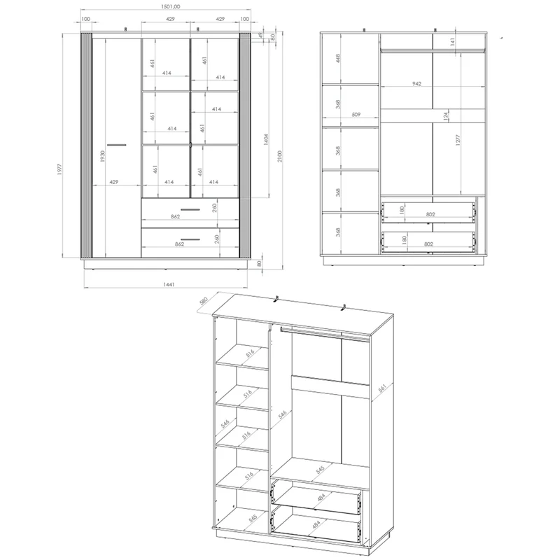 Armoire 3 portes 2 tiroirs Solal Bois et Noir