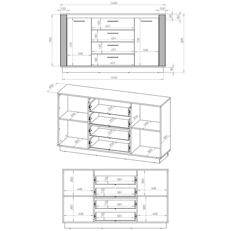 Buffet 2 portes 4 tiroirs Solal Bois et Noir